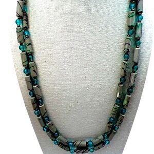 Handcrafted Necklace With Green & Teal Beads 24” Long. C13